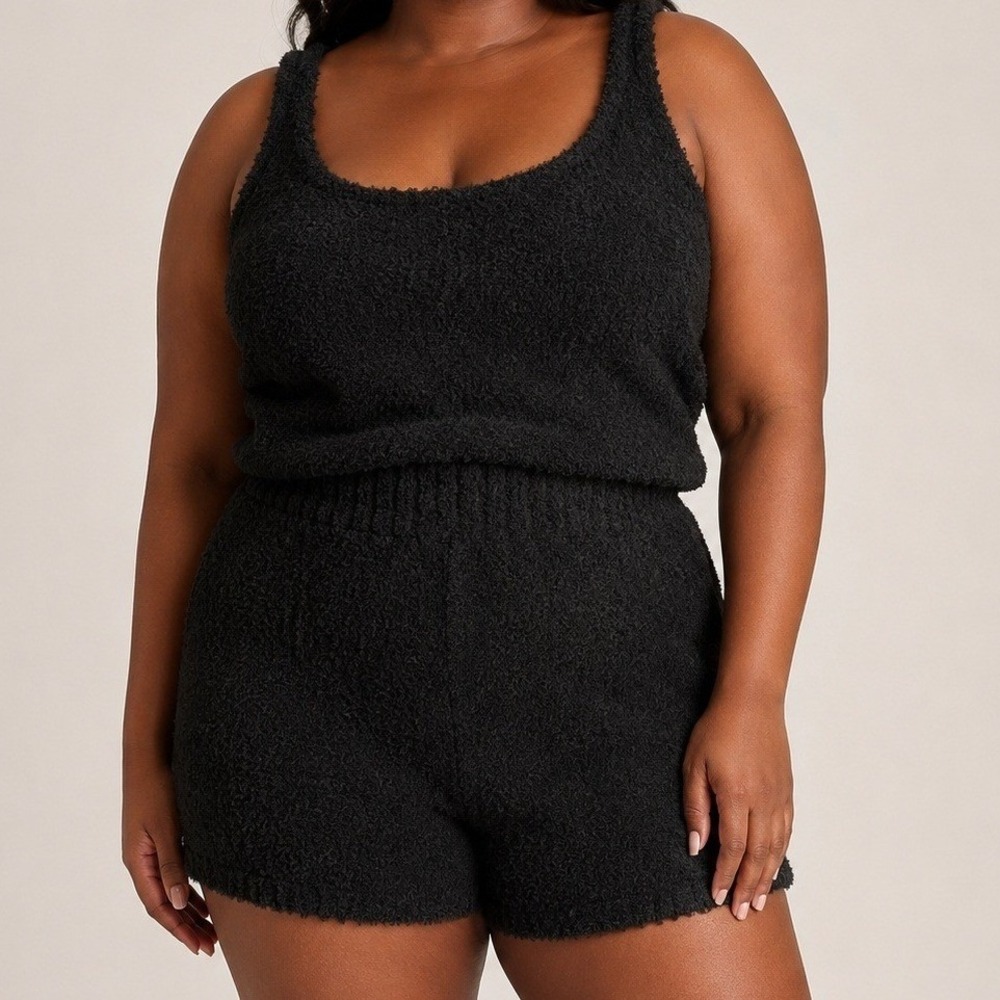 NWT SKIMS Teddy Fleece Tank Top & Shorts Lounge Set Plush Black L/XL